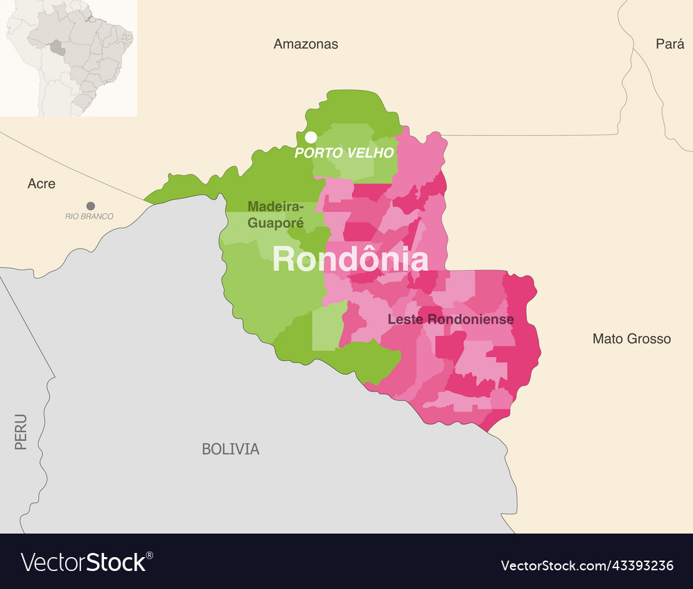 Brazil state rondonia administrative map showing Vector Image