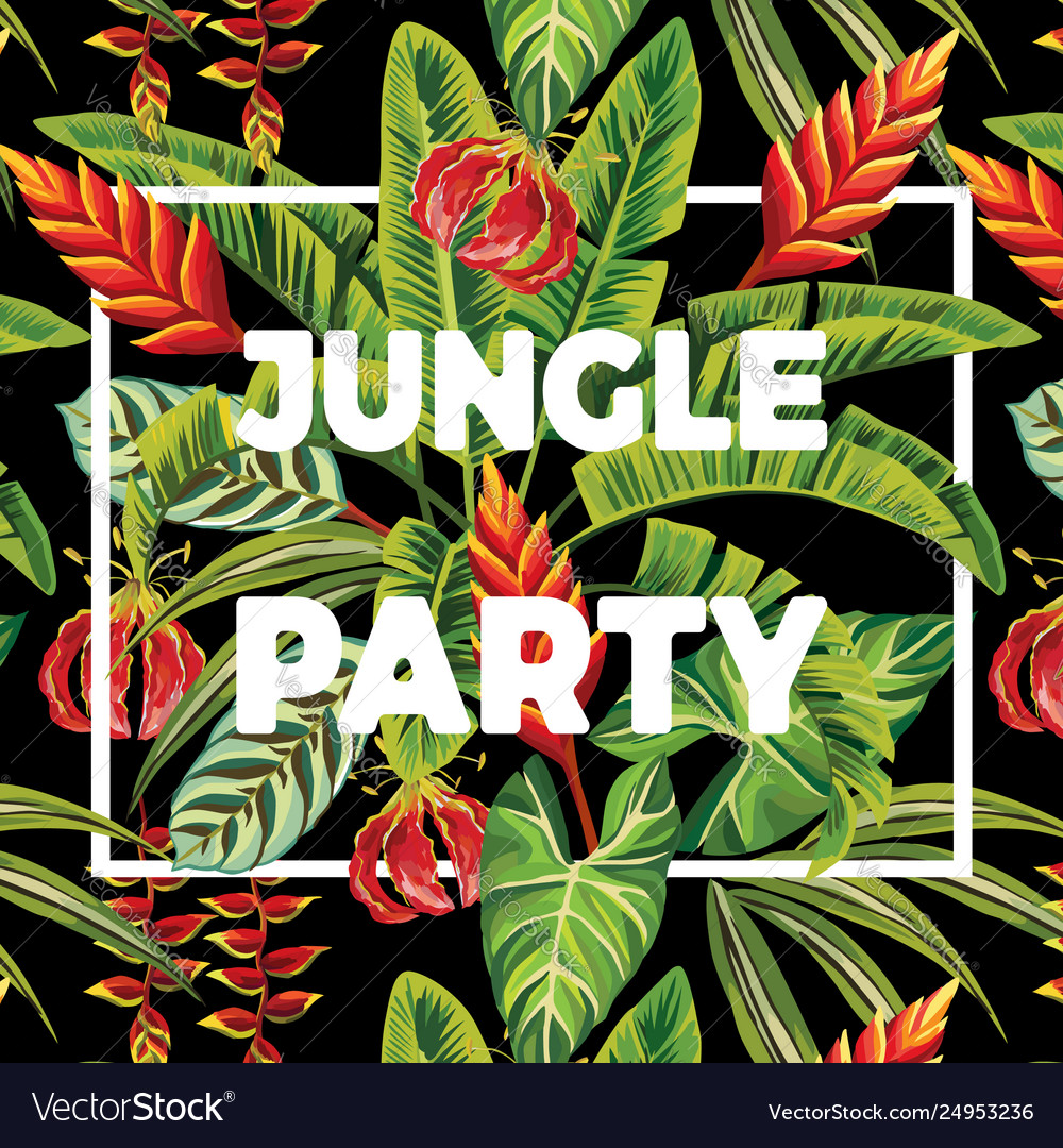 Slogan jungle party flowers and leaves vector image Slogan jungle party flowers and leaves