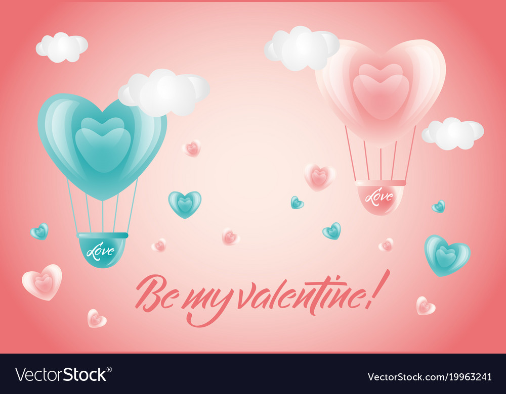 Be my valentine card - heart air balloons in sky