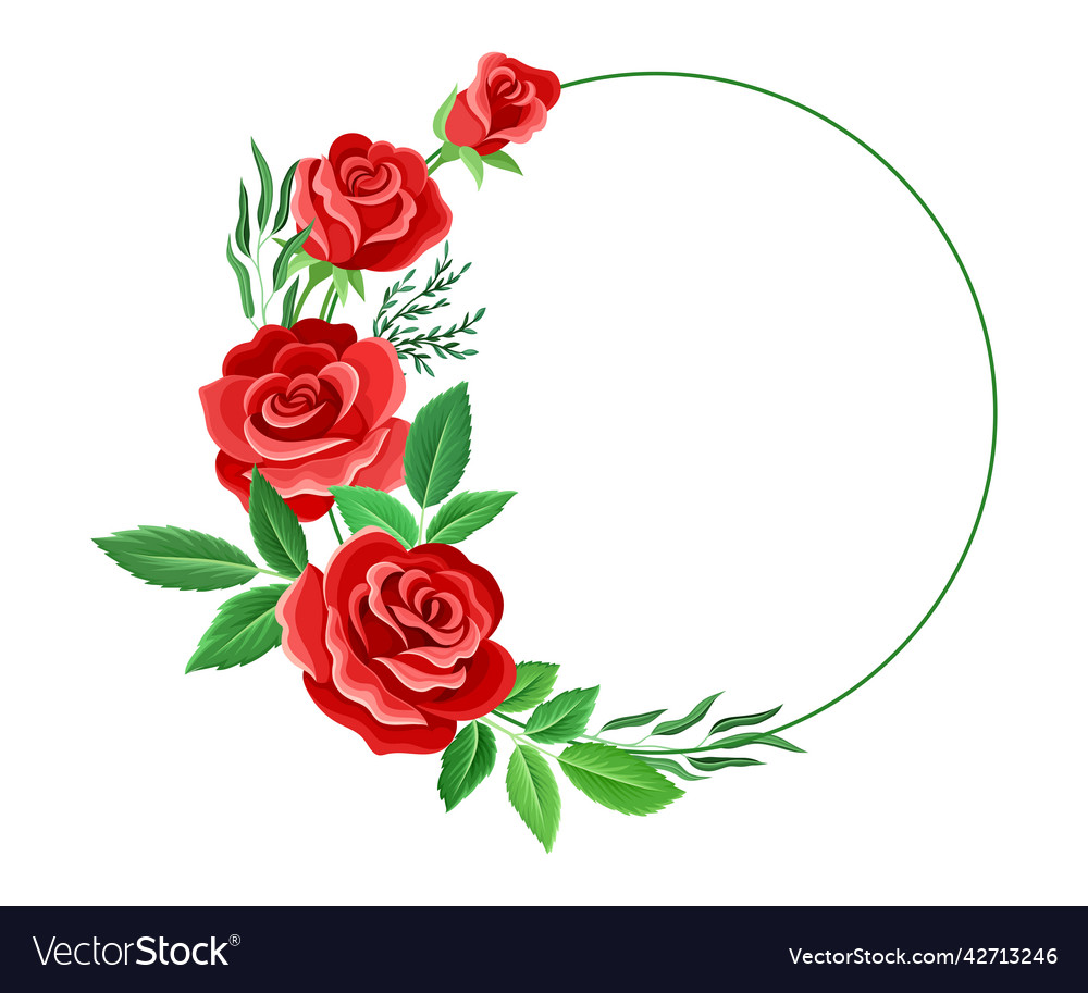 Round rose frame with red lush bud and green