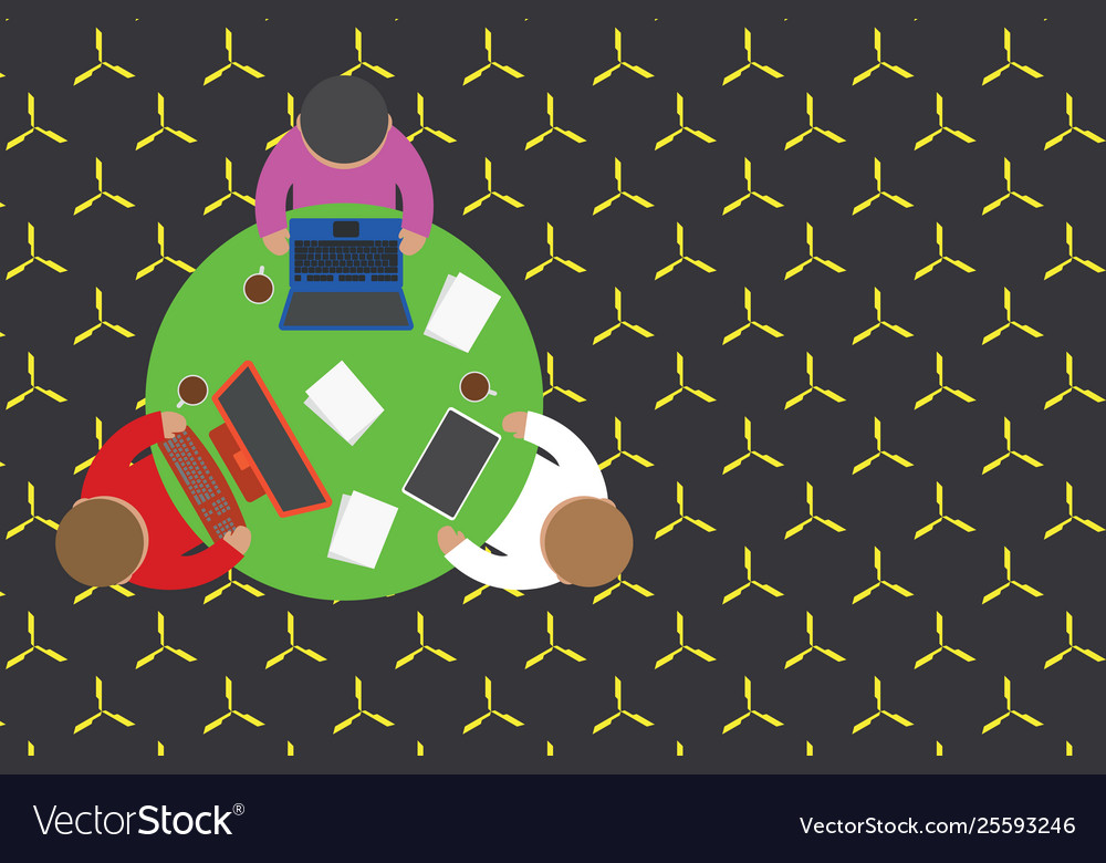 Upper view three busy office workers round table Vector Image