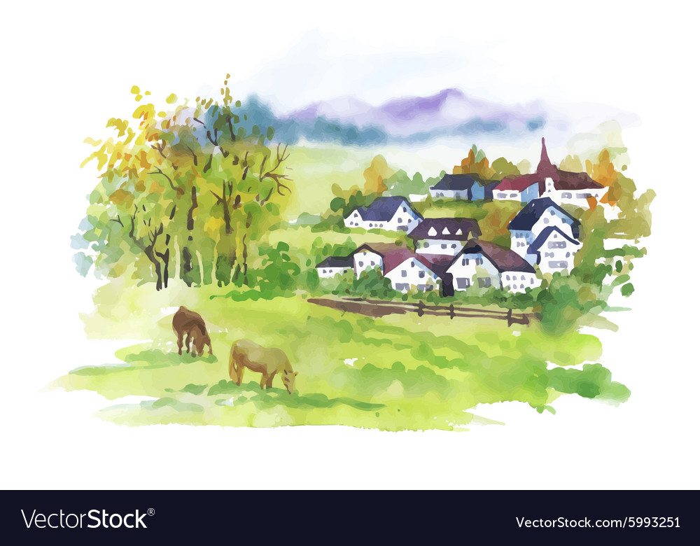 Watercolor rural village in green summer day