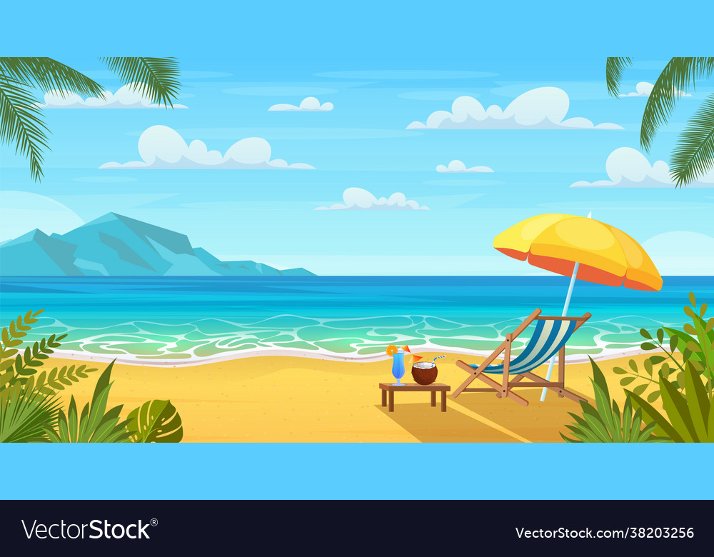 Summer tropical beach with sun loungers Royalty Free Vector