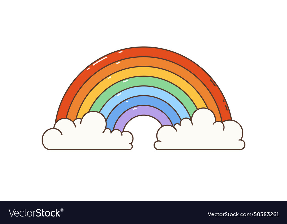 Cartoon retro groovy hippie rainbow with clouds