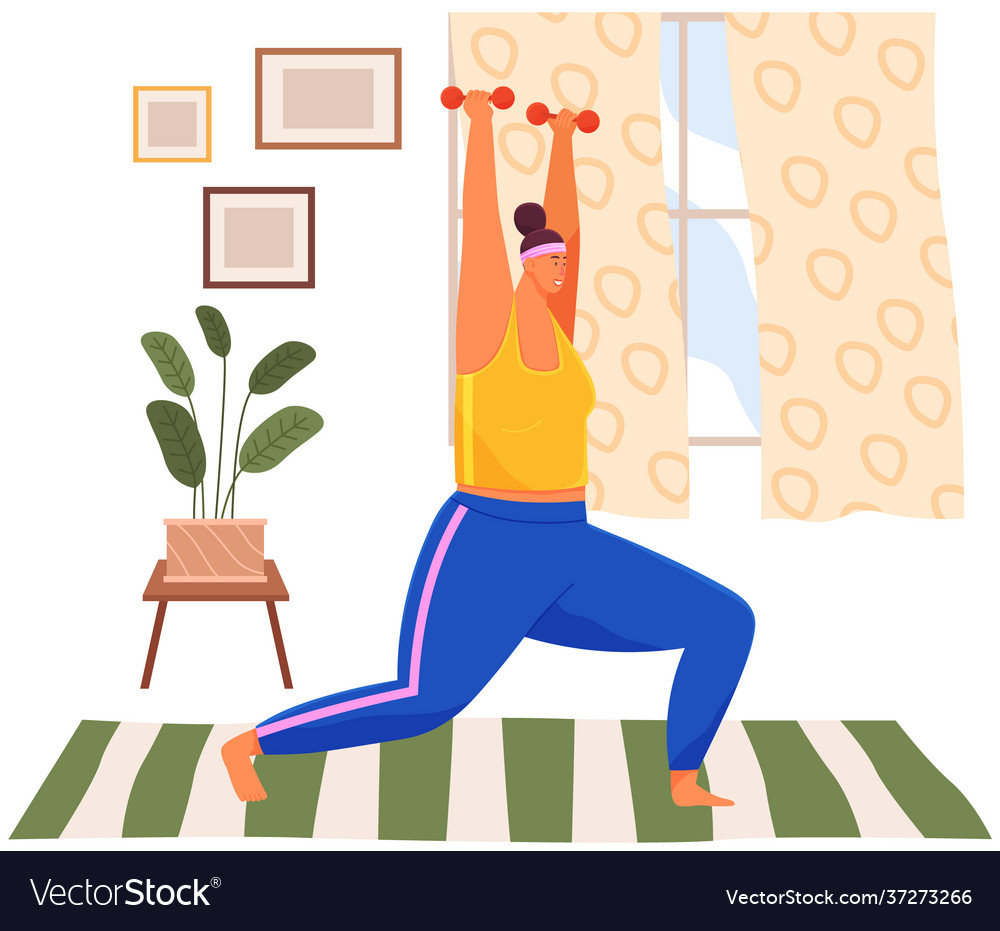 Fat woman training with dumbbells at home obese Vector Image