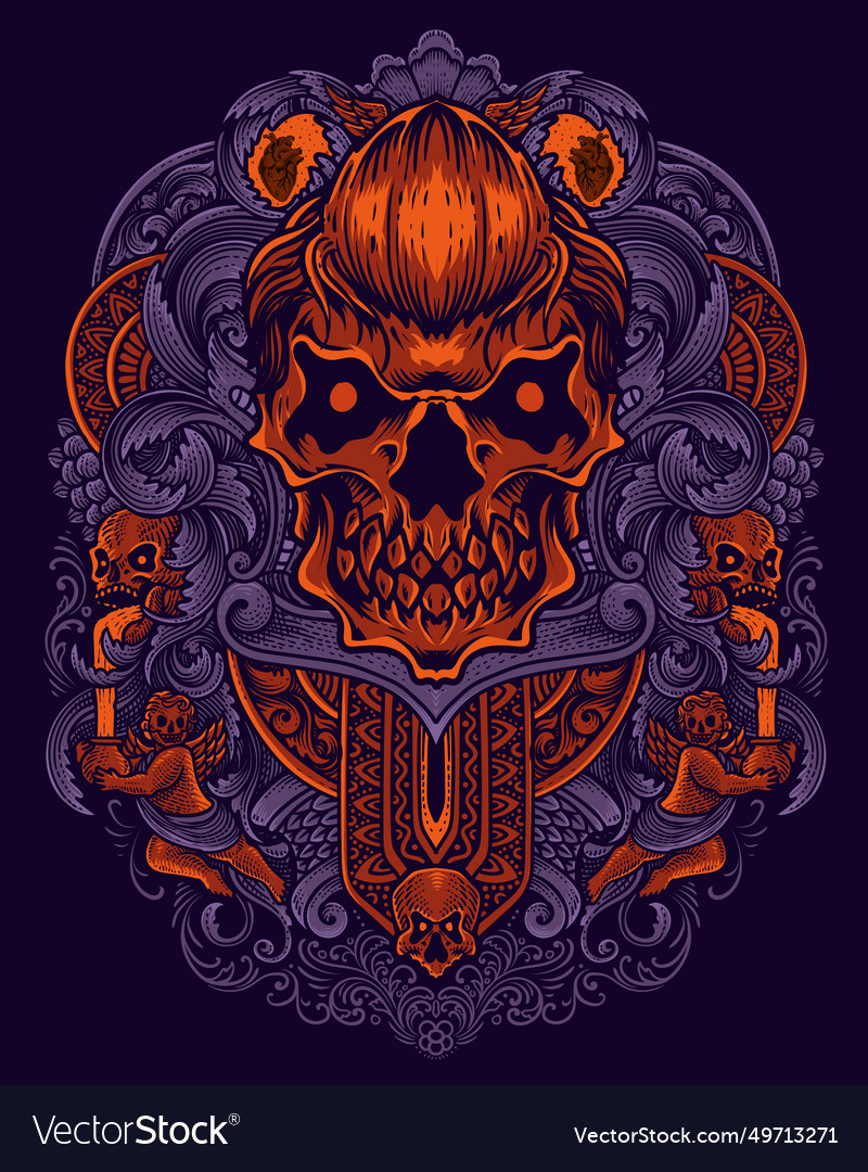 Demon skull with antique engraving ornament Vector Image