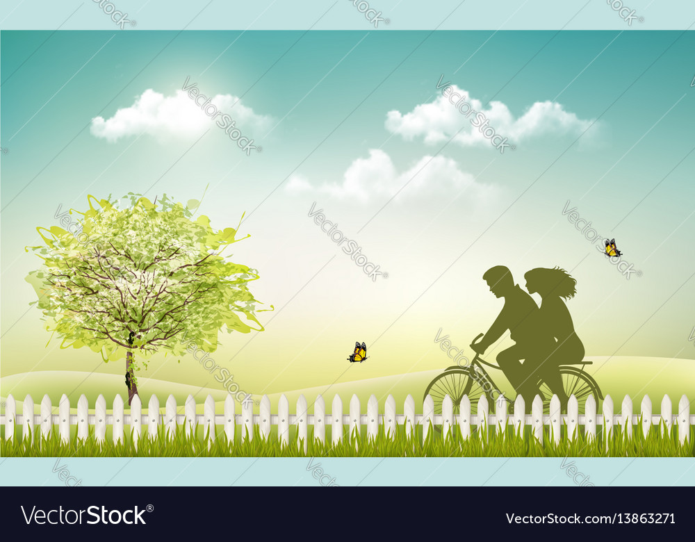 Spring nature meadow landscape with a bicycle Vector Image