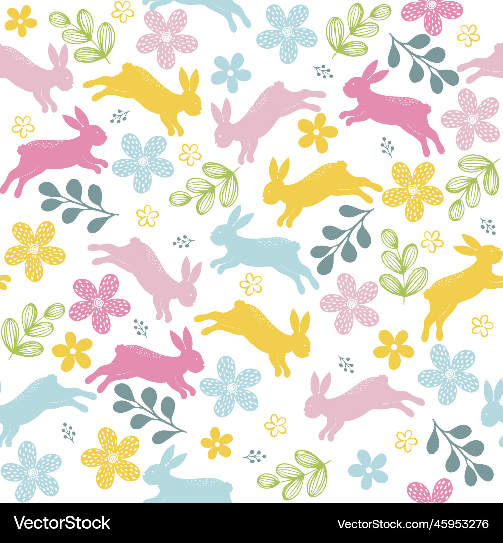 Rabbits and spring flowers seamless pattern Vector Image