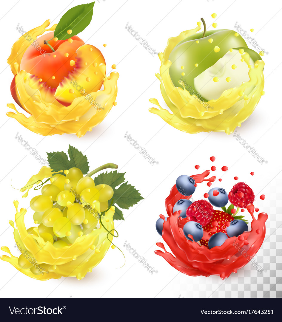 Set of fruit juice splash grapes apple peach Vector Image