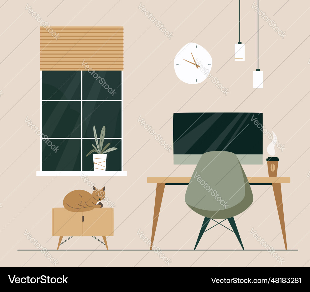 Workspace with desk desktop computer coffee work Vector Image