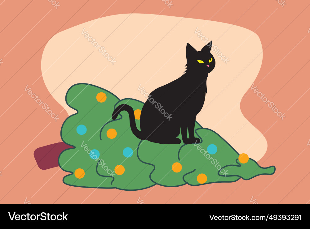 Black cat knocks down christmas tree Royalty Free Vector