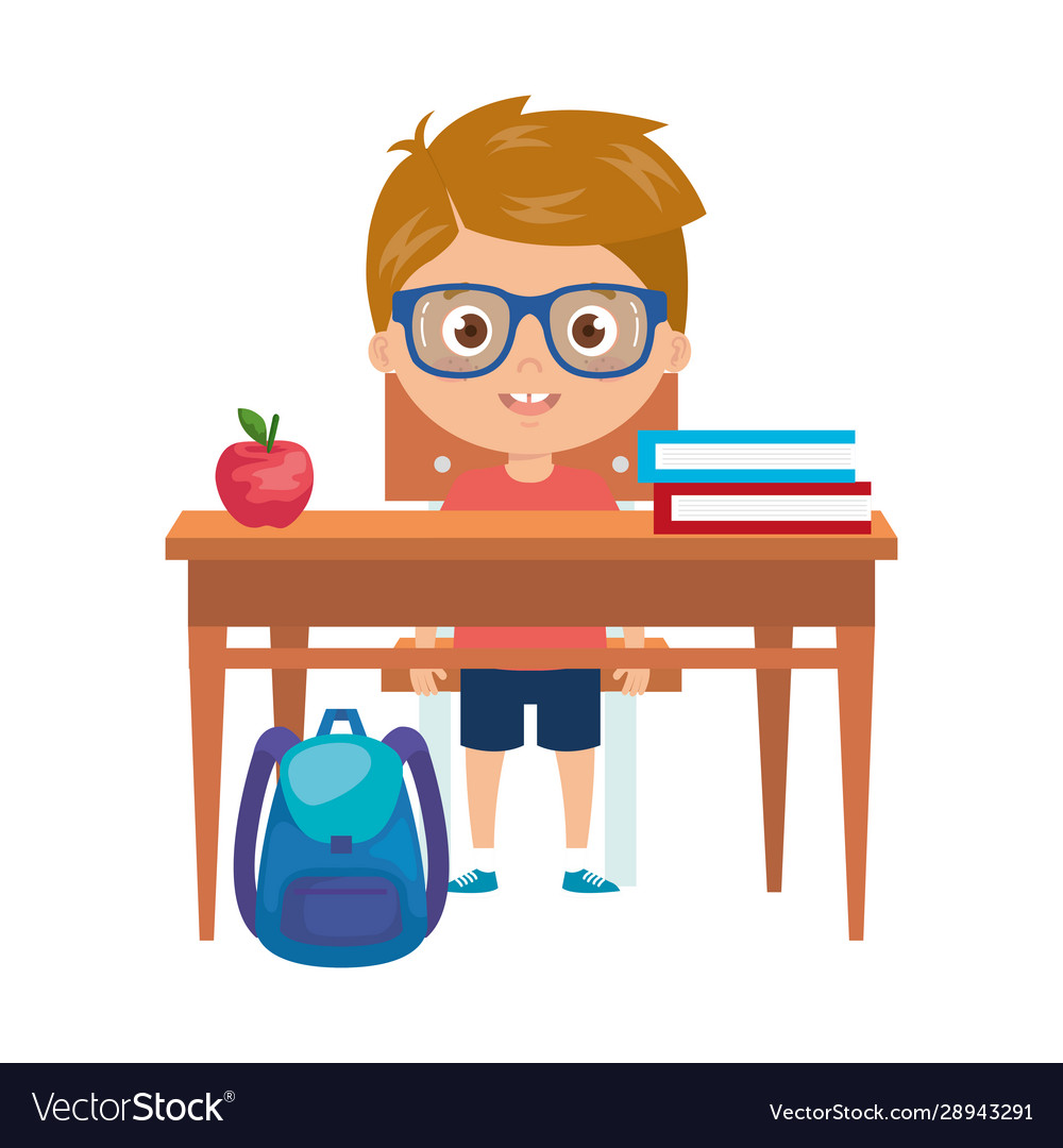 Student boy sitting in school desk on white Vector Image