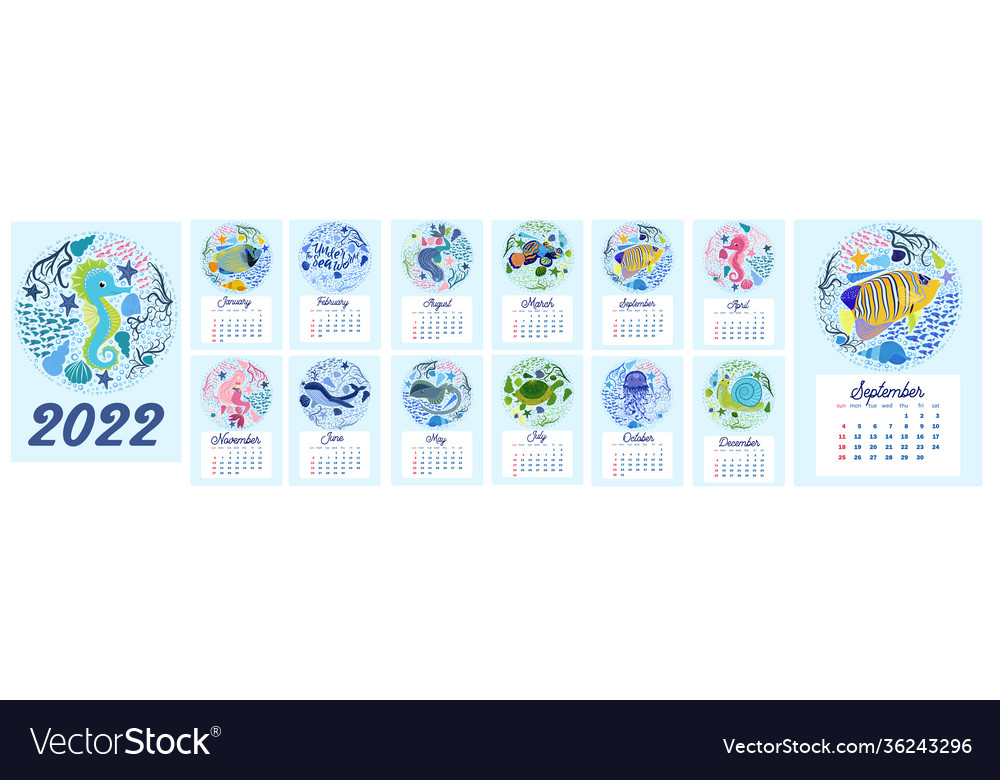 Marine life calendar design template for 2022 a4 Vector Image