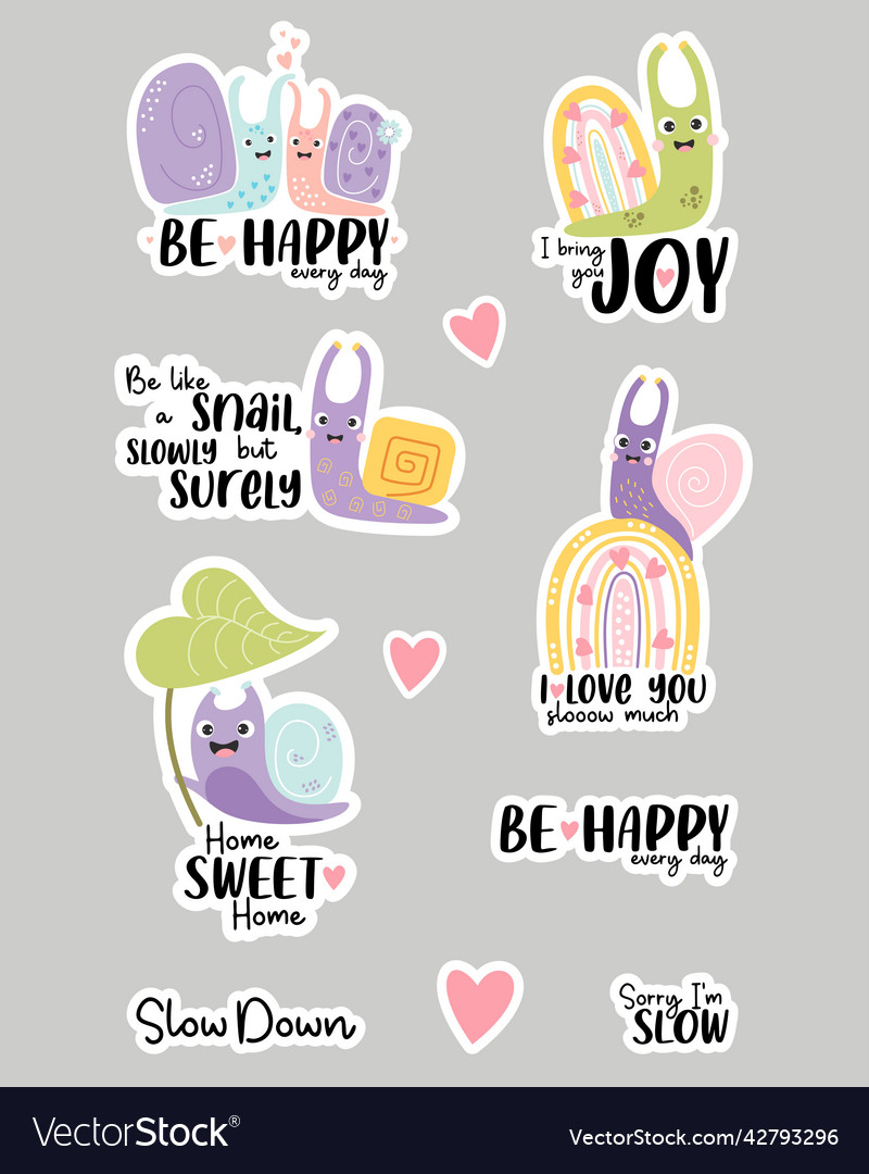 Set of stickers with cute snails and phrases