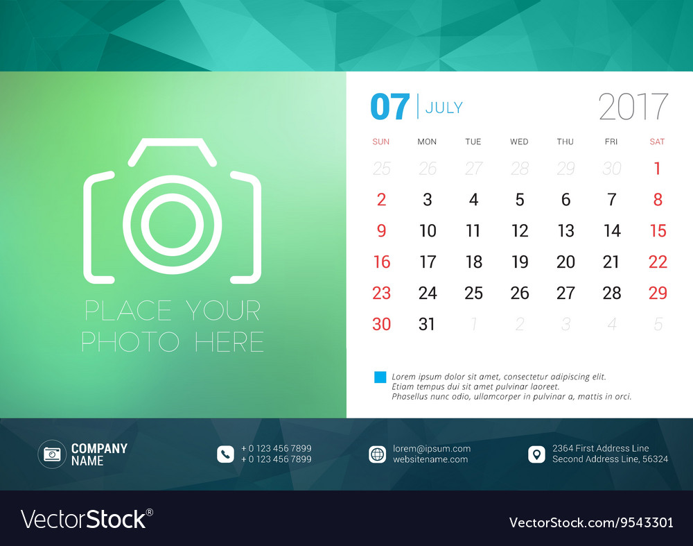 Desk calendar template for 2017 year july design