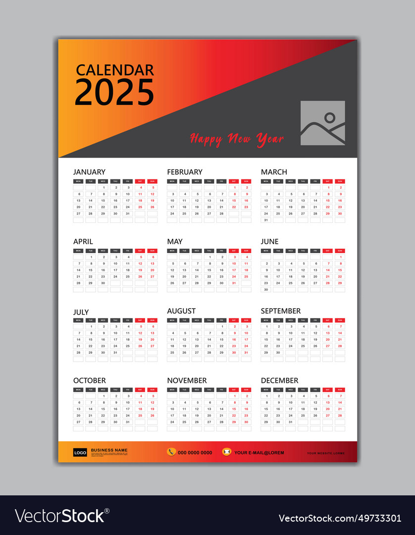 Wall calendar 2025 template week starts on monday Vector Image