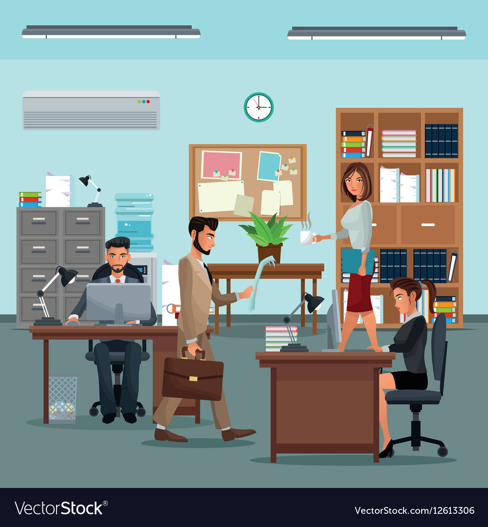 People Workplace With Desk Bookshelf Cabinet Clock People Workplace With Desk Bookshelf Cabinet Clock Vector Image