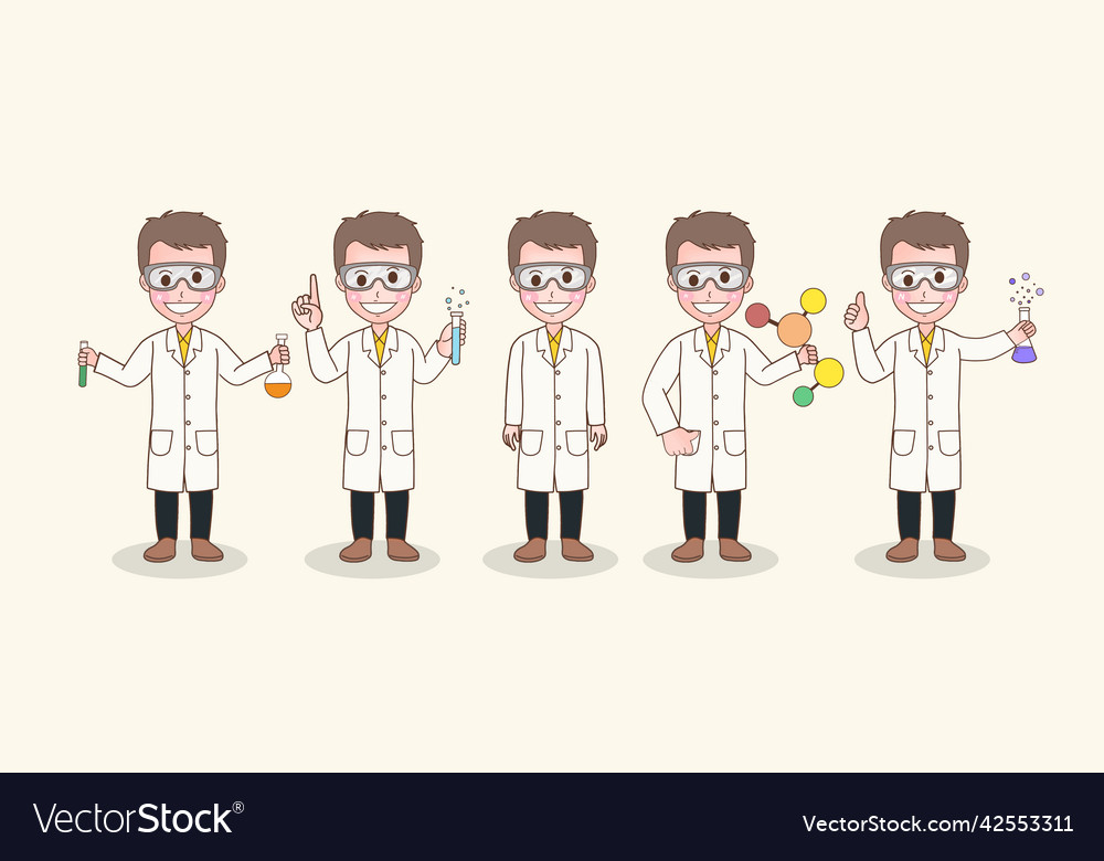 Collection of man scientist character holding