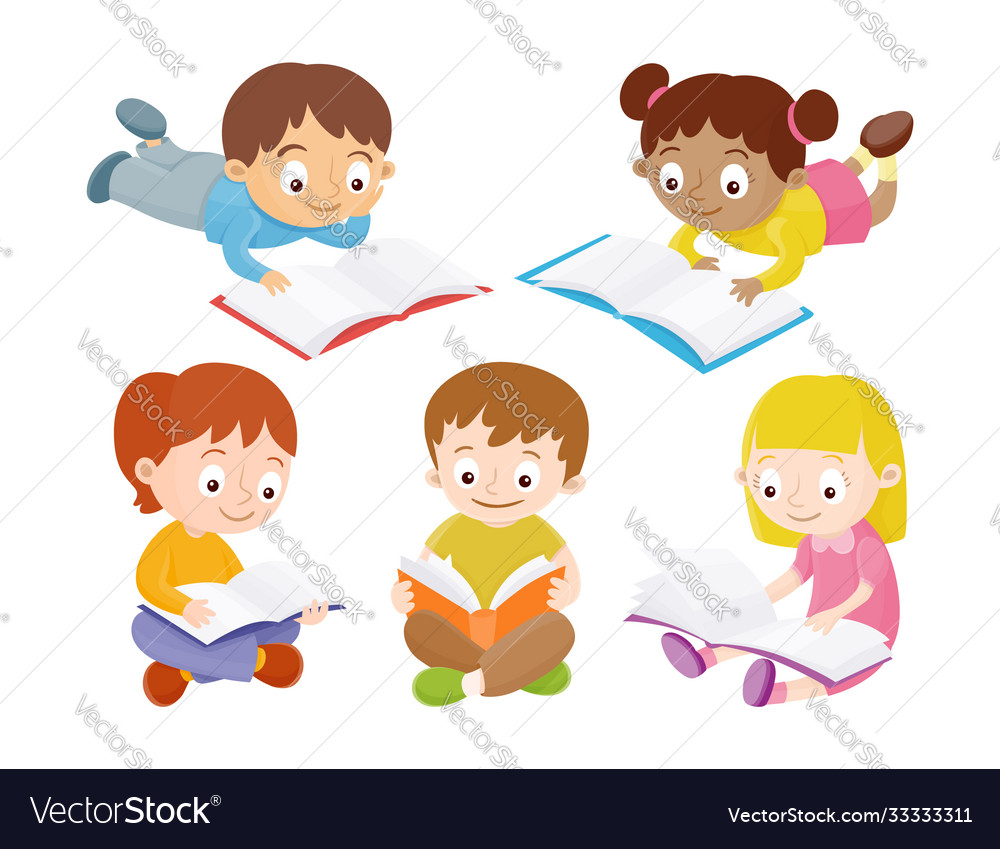 Kids sitting on floor and reading books Royalty Free Vector