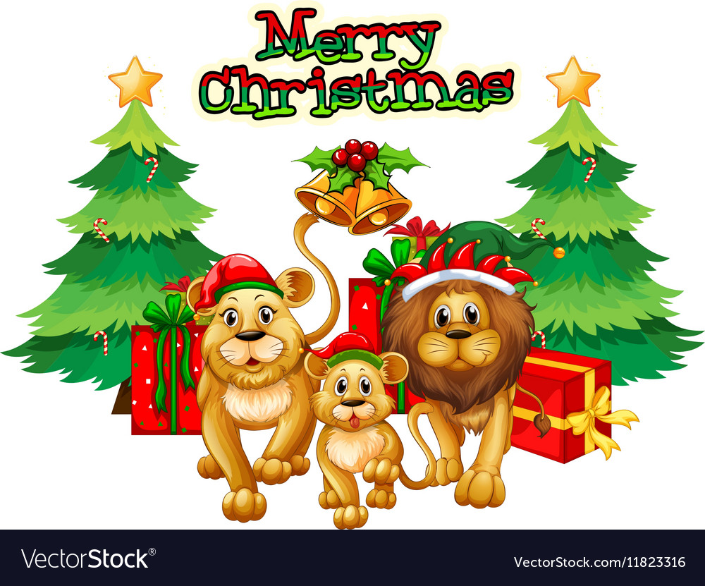 Christmas theme with lions and trees Royalty Free Vector