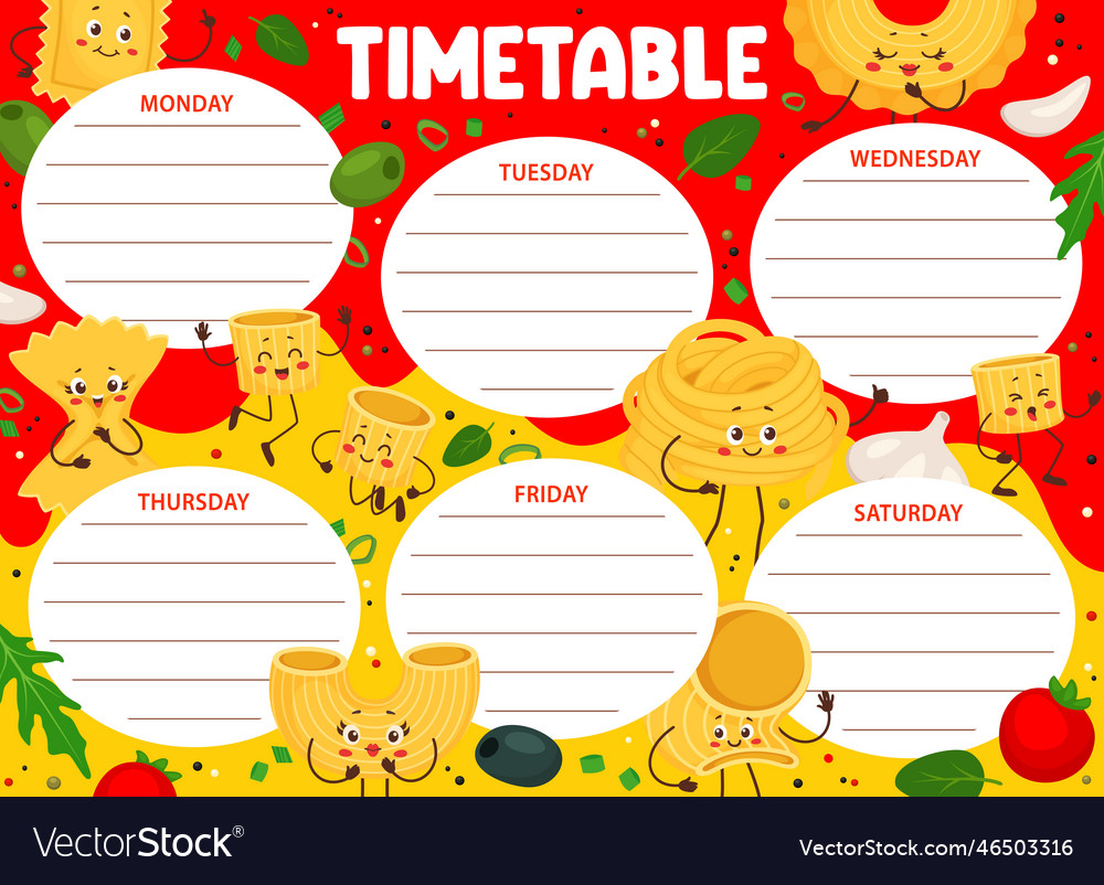 Timetable schedule with italian pasta characters Vector Image