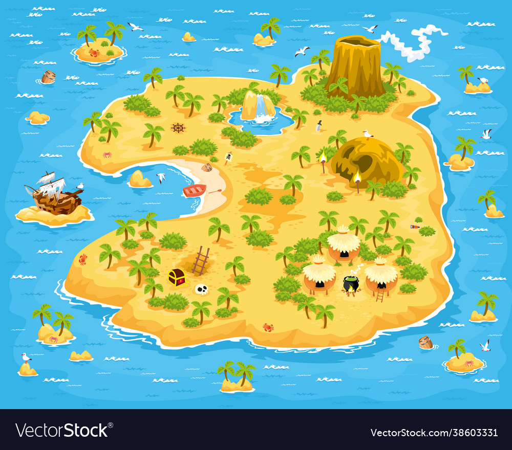 Large Island With Palm Trees And Treasures Vector Image