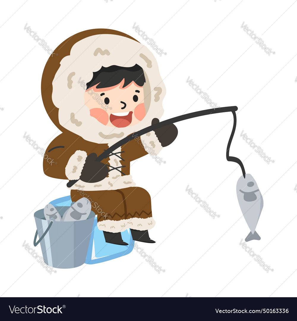 Boy eskimo with fish catch cartoon Royalty Free Vector Image