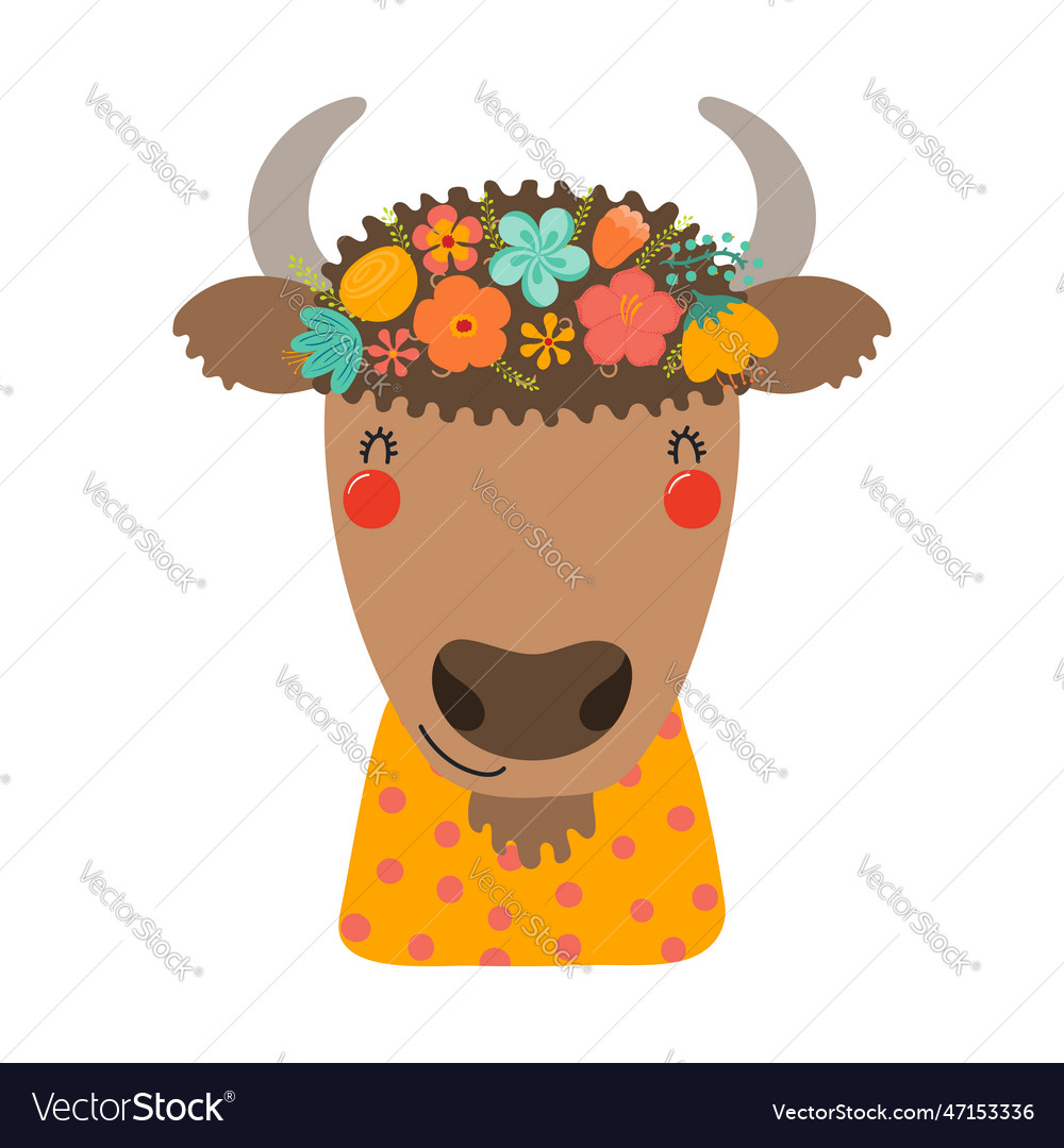 Cute funny bison in floral wreath t-shirt Vector Image