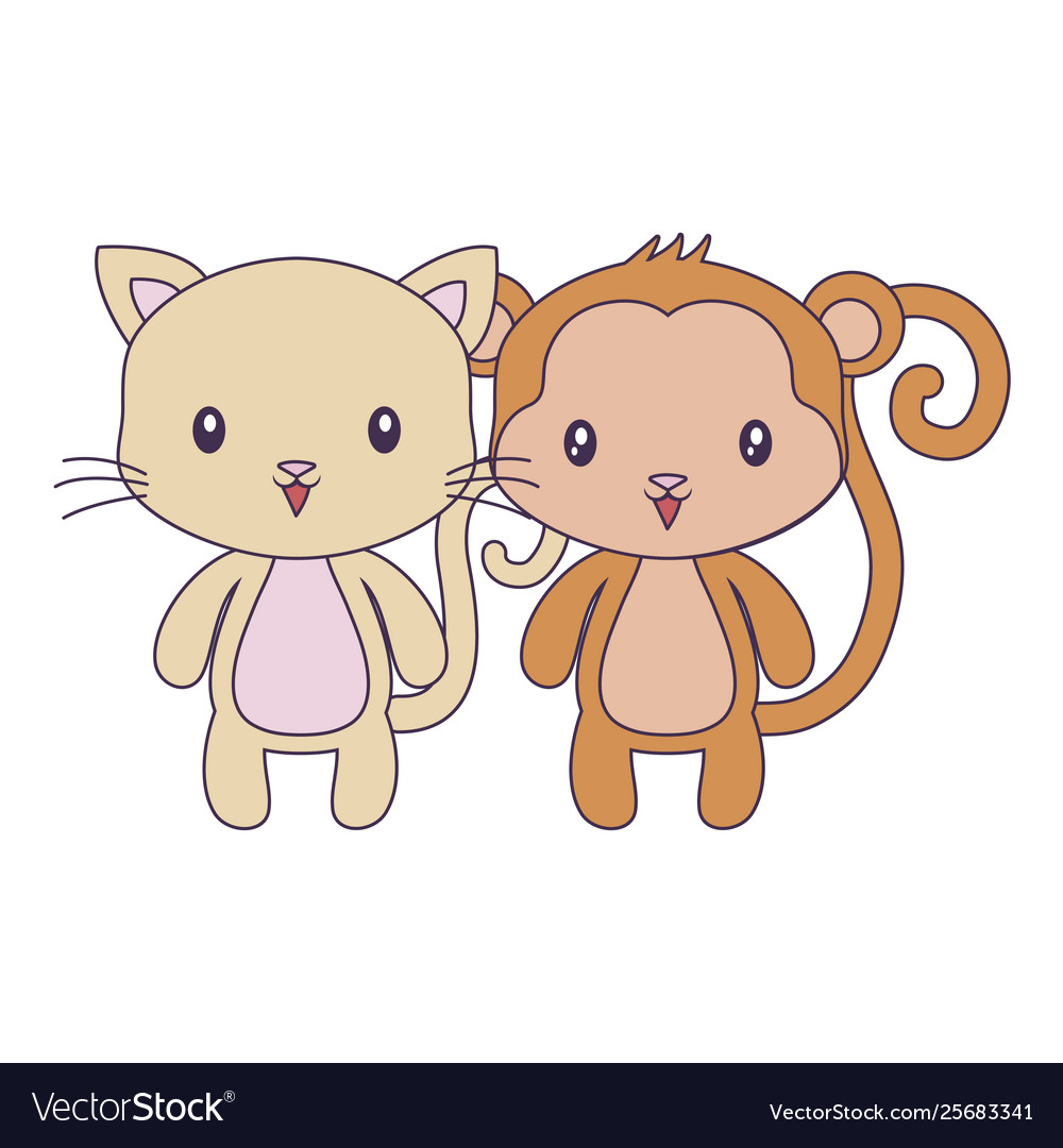 Cute cat with monkey animals isolated icon Vector Image