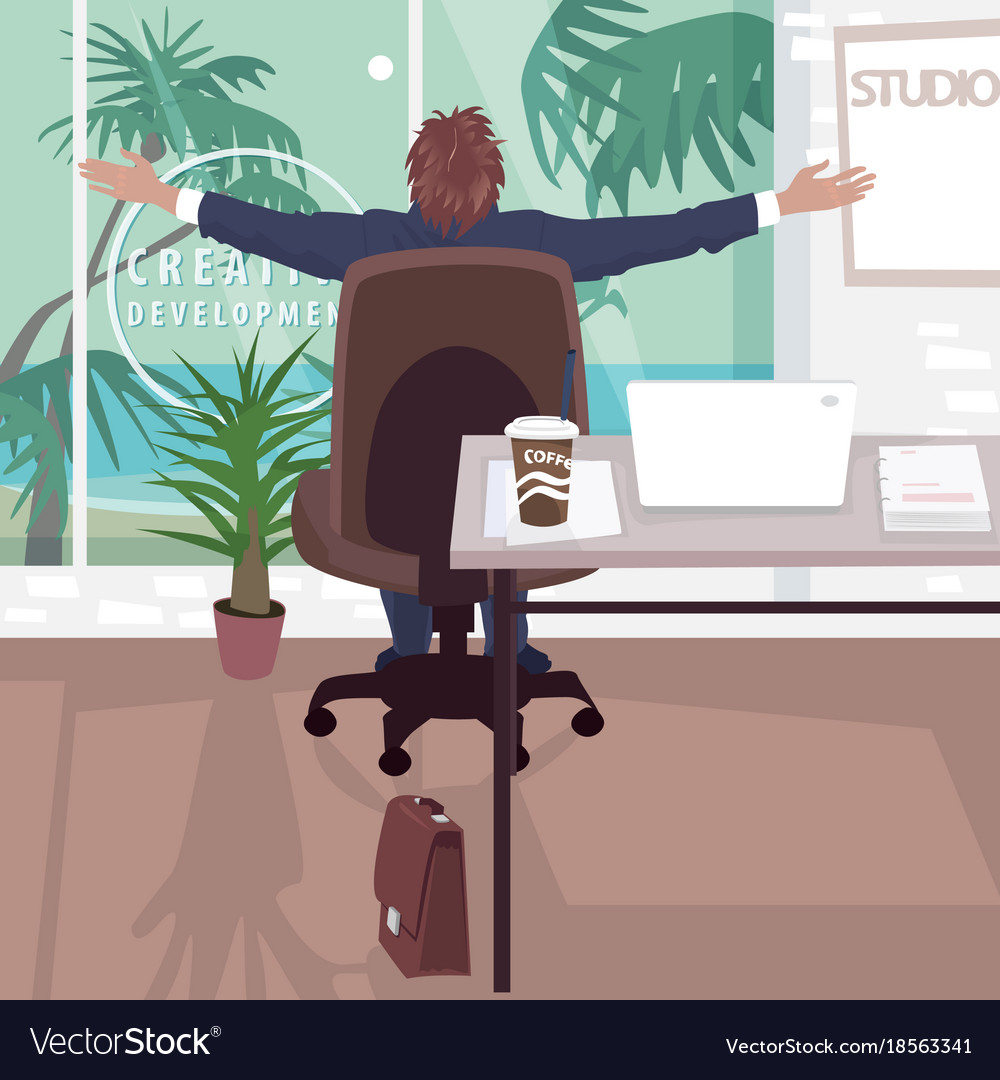 Happy Employee In Office Near Tropical Beach Vector Image