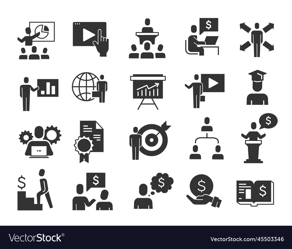 Business Training schwarze Icons Set