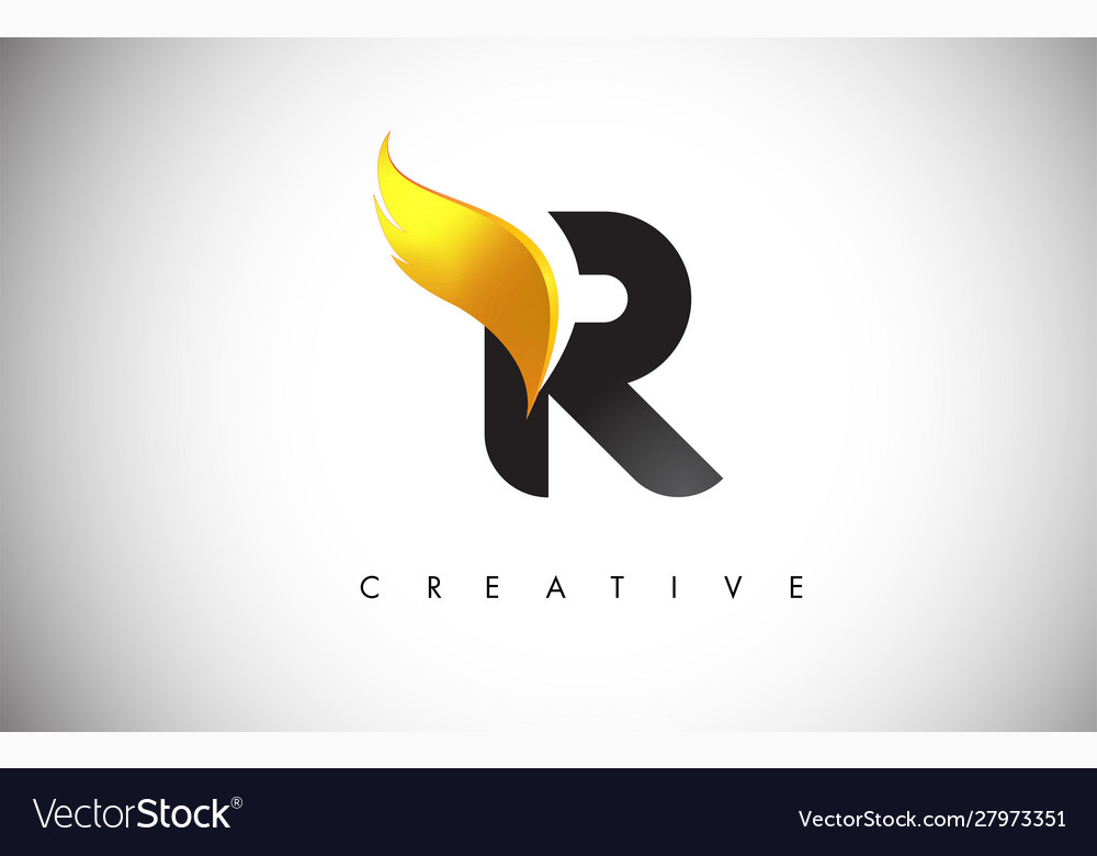 Gold r letter wings logo design with golden bird