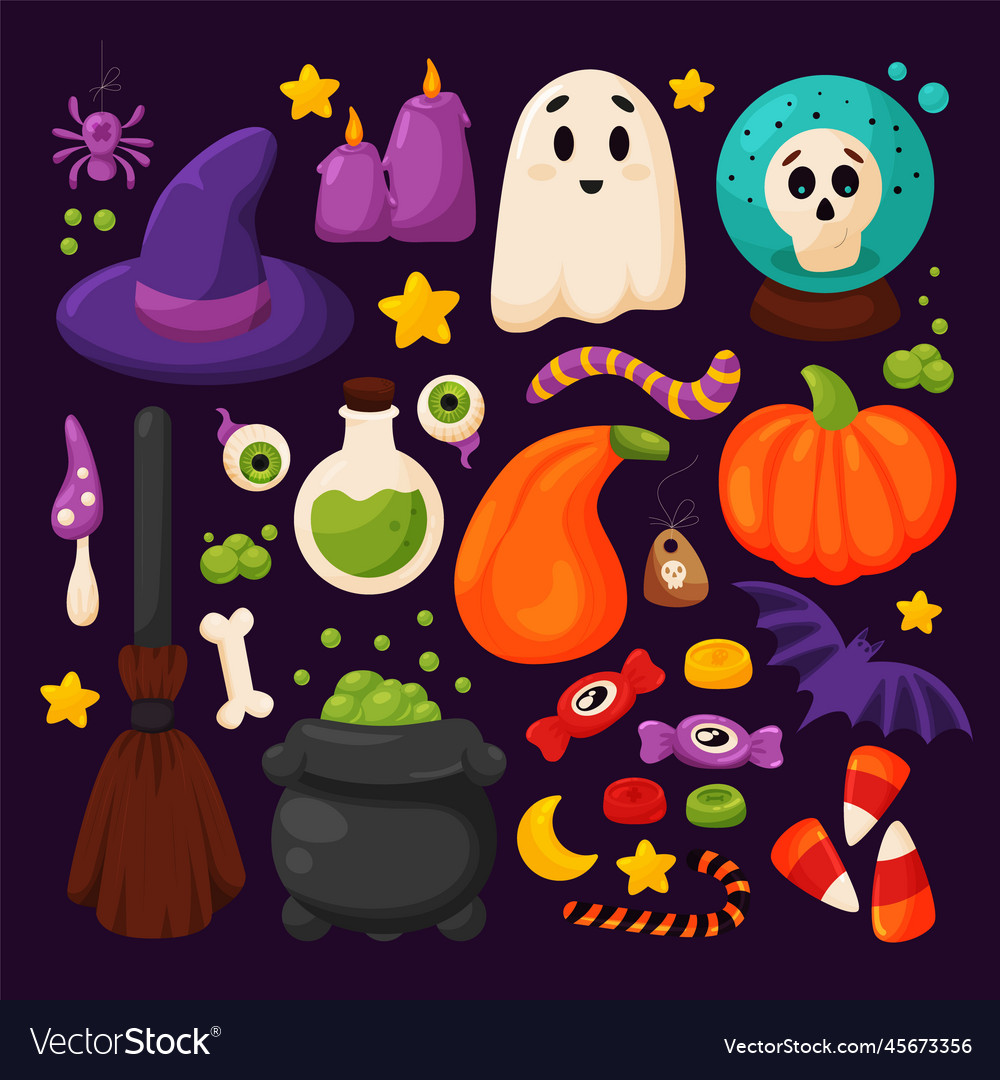 Halloween elements set cute hand drawn cartoon Vector Image