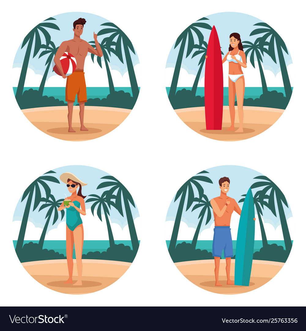 Summer people and beach round icons