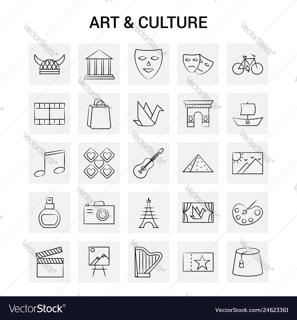 25 hand drawn art and culture icon set gray