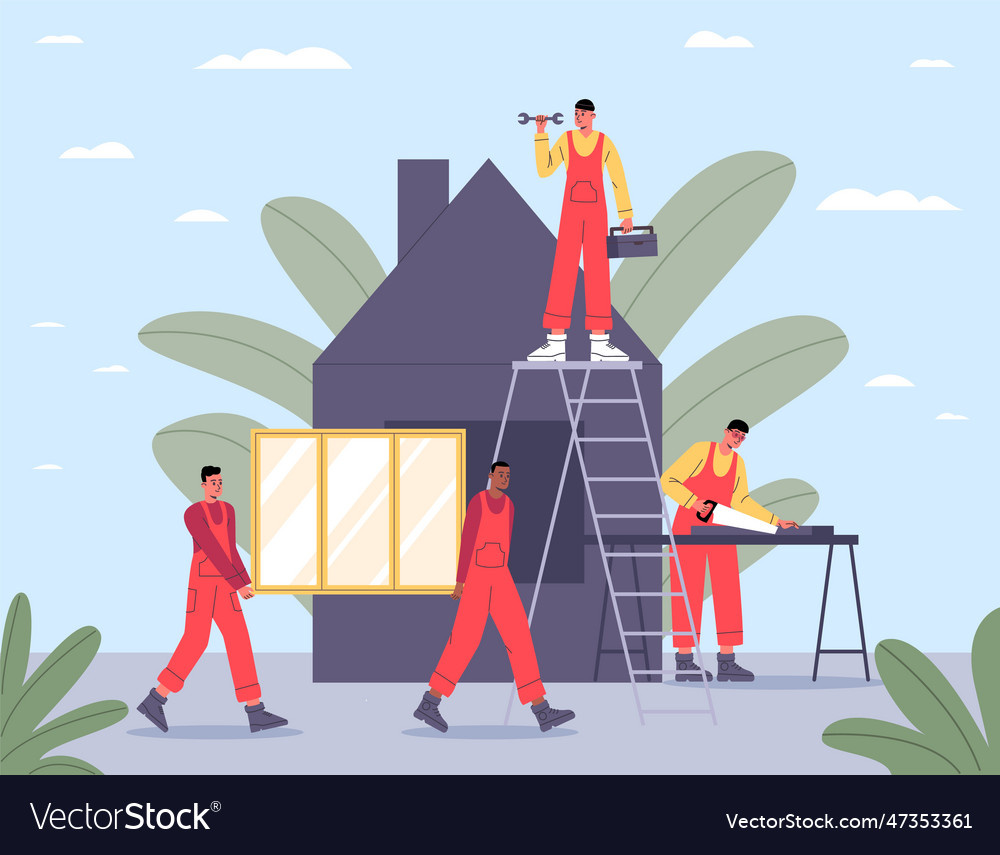 Home renovation scene cartoon workers characters Vector Image