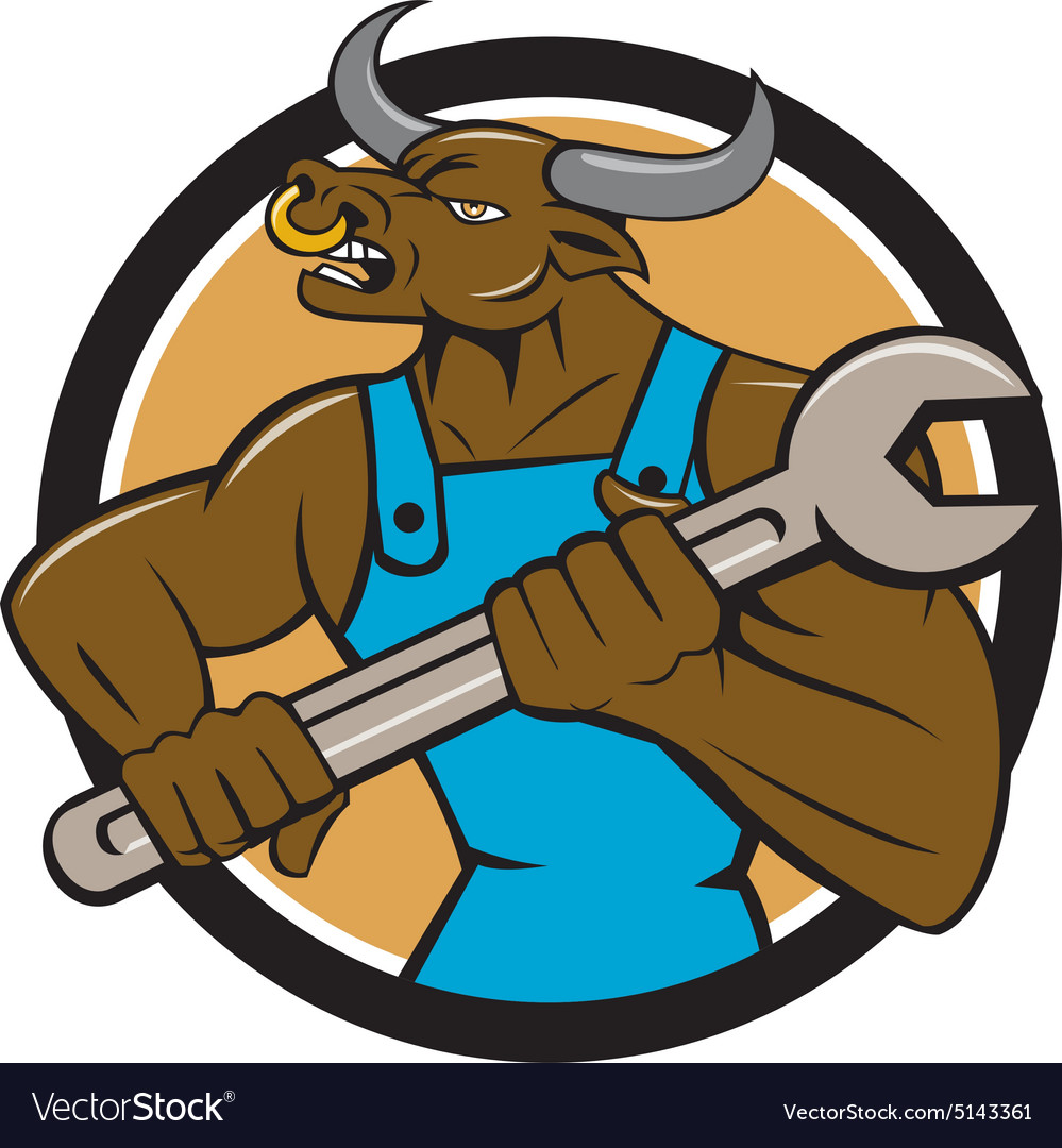 Mechanic minotaur bull spanner circle cartoon Vector Image