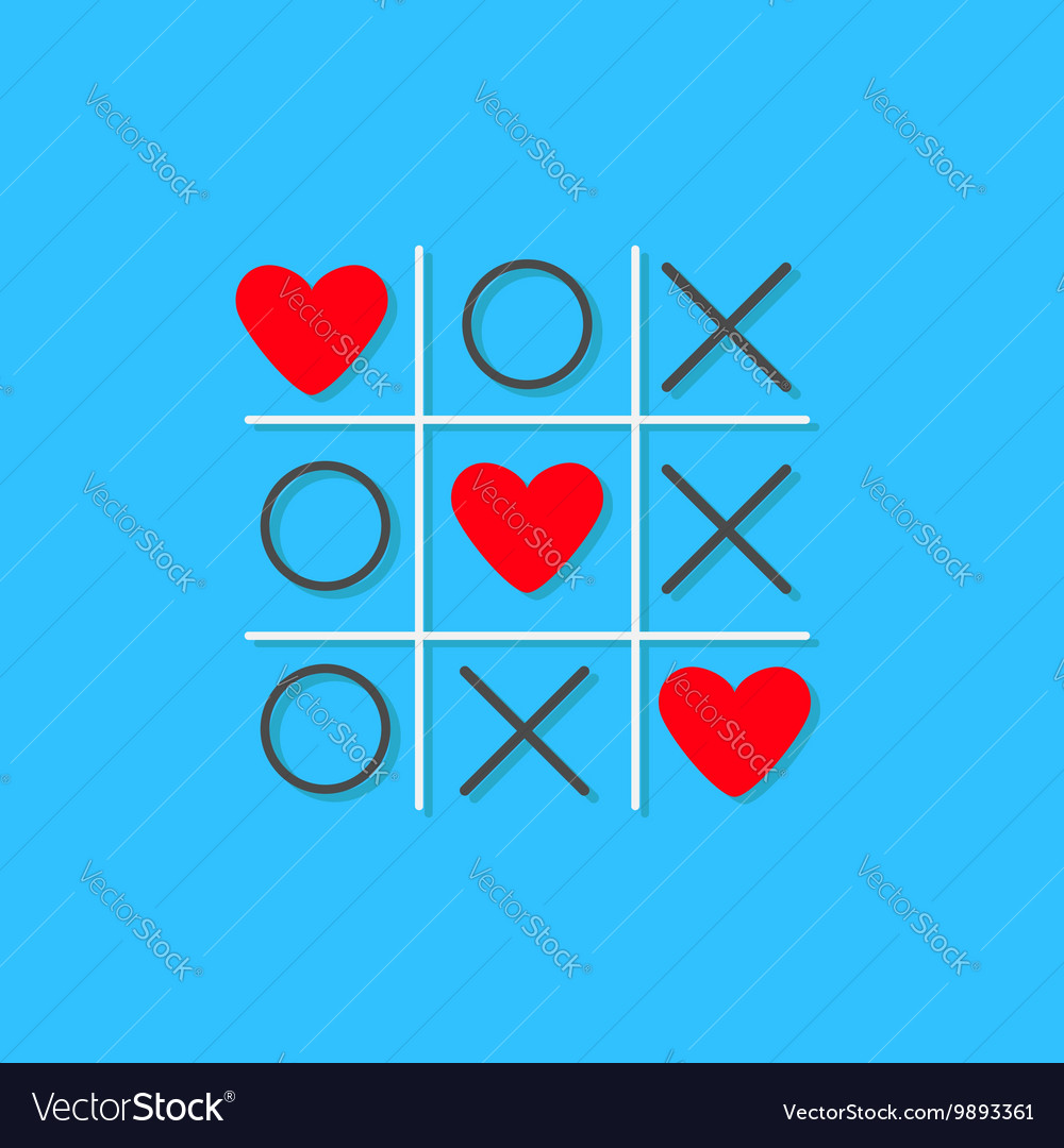 Tic tac toe game with cross and three red heart