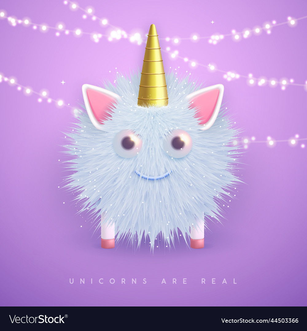 3d realistic fluffy unicorn with golden horn Vector Image