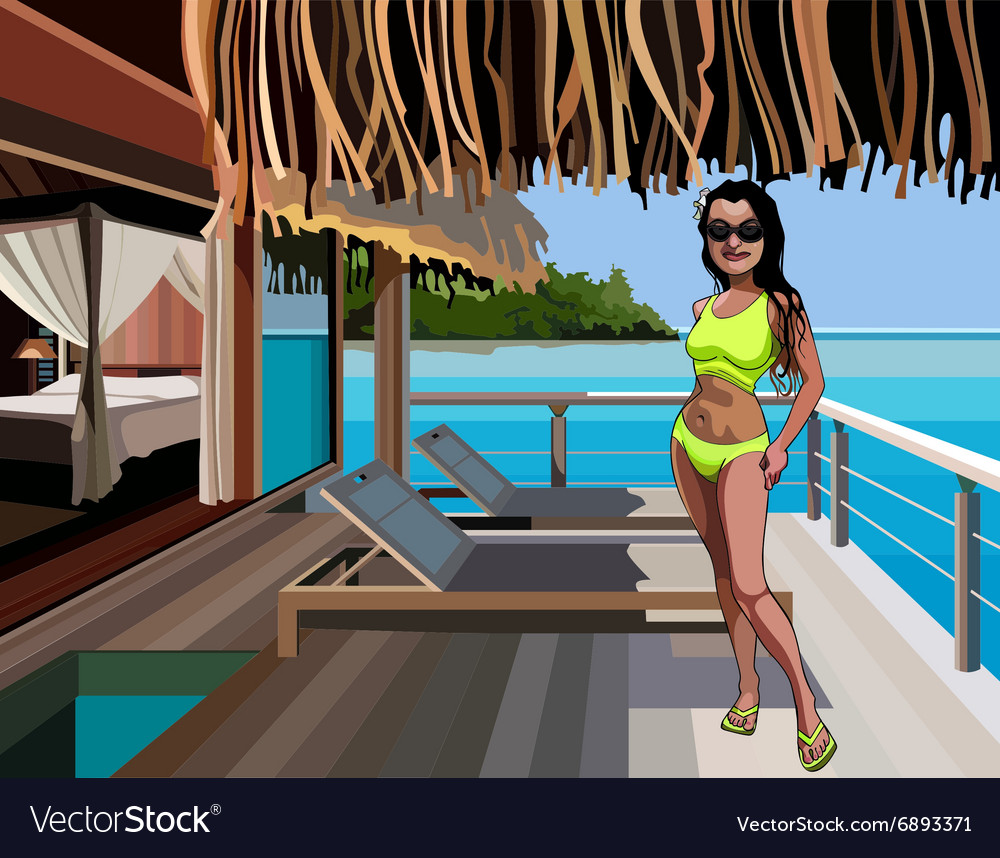 Cartoon woman in a bikini standing on the terrace