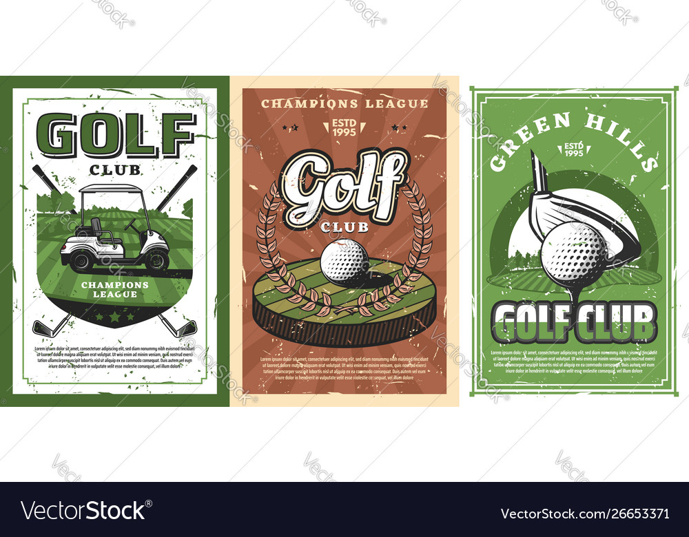 Golf clubs balls and cart on cource green field Vector Image