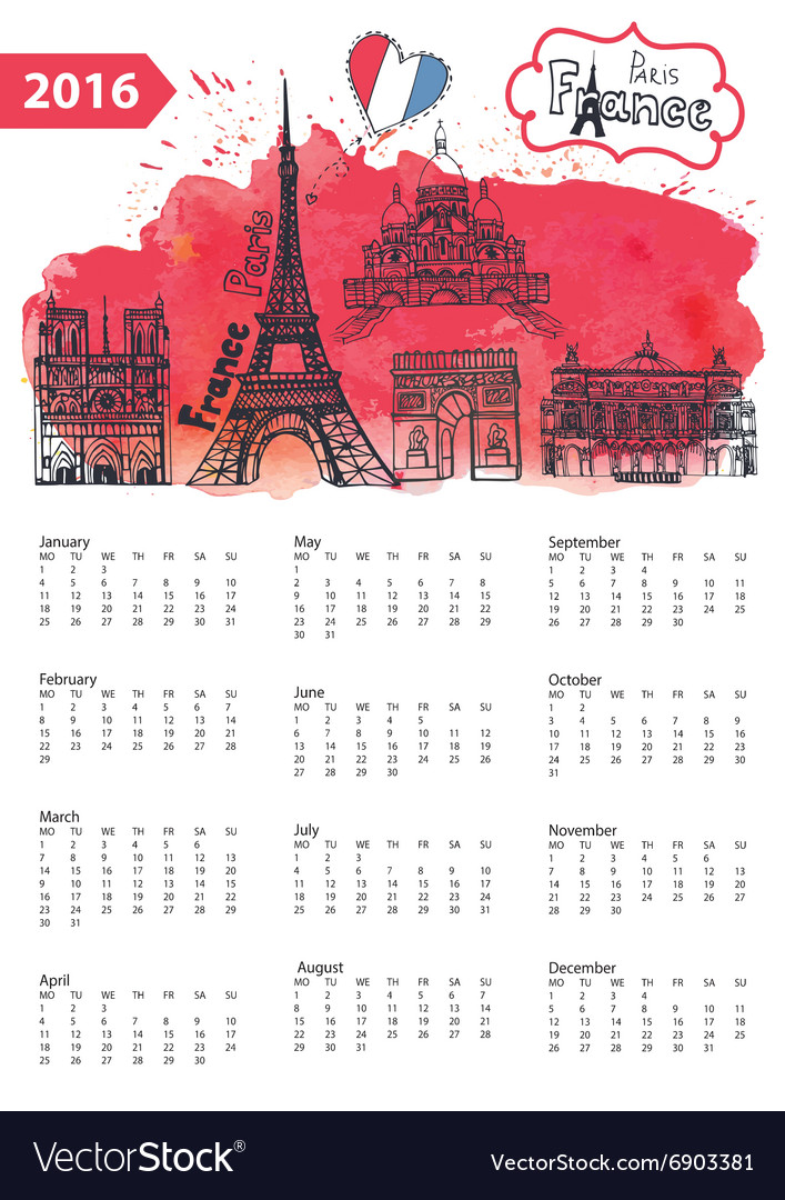 Calendar 2016paris landmarks panoramawatercolor