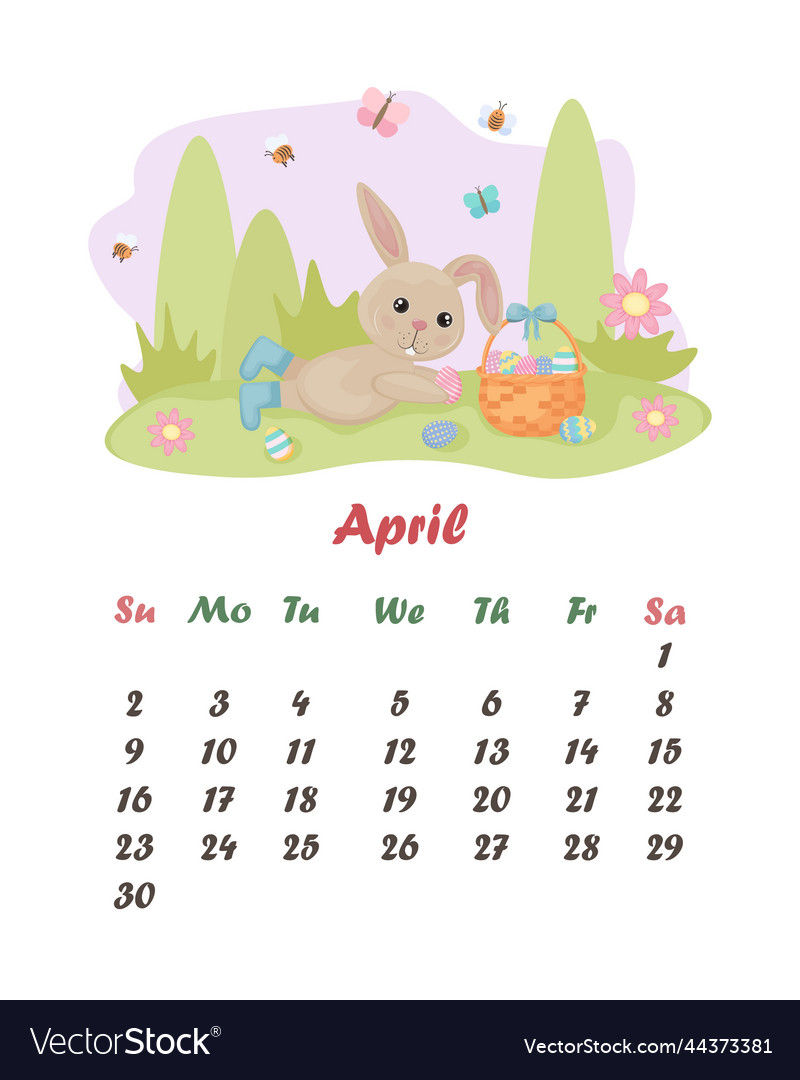 Calendar april a cute rabbit is lying Royalty Free Vector