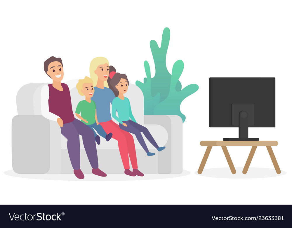 Happy family watching tv sitting on couch sofa Vector Image