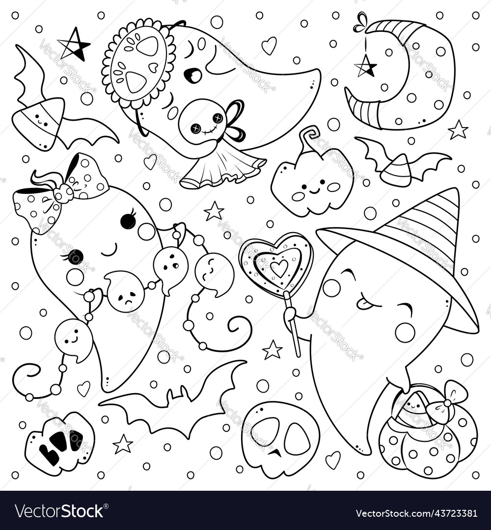 Kawaii ghosts for halloween coloring page