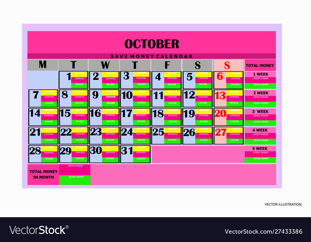 Calendar save money design month october 2019