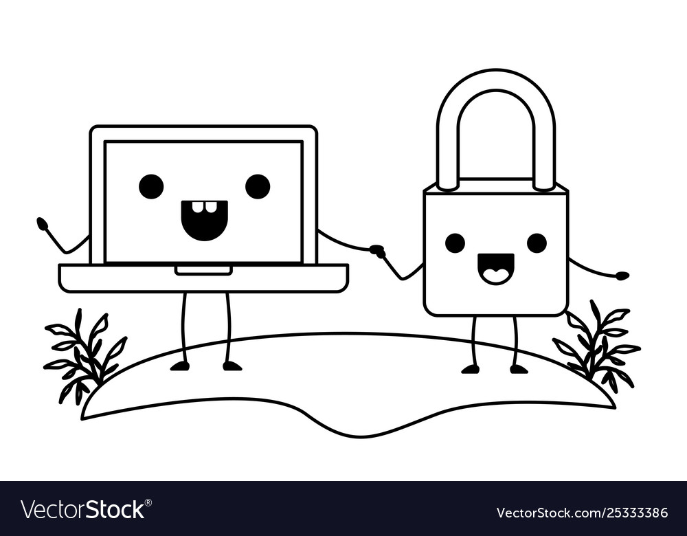 Laptop computer with padlock kawaii character