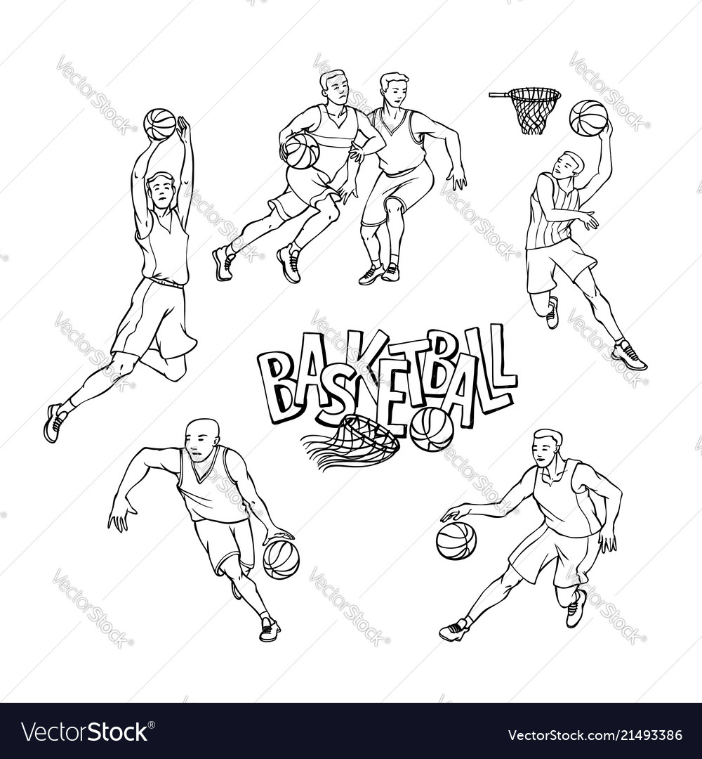 Set basketball players in sports uniform