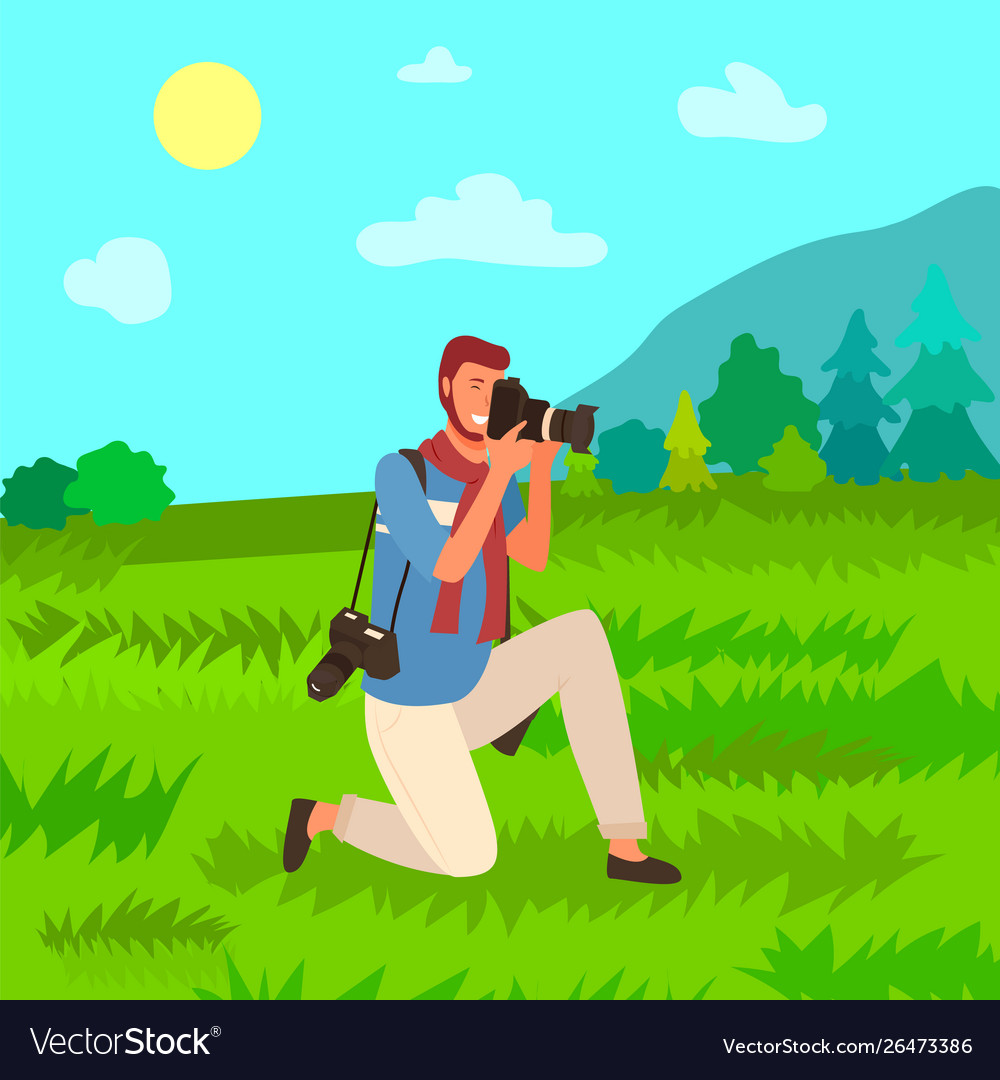 Tourist with photo camera man photographer nature