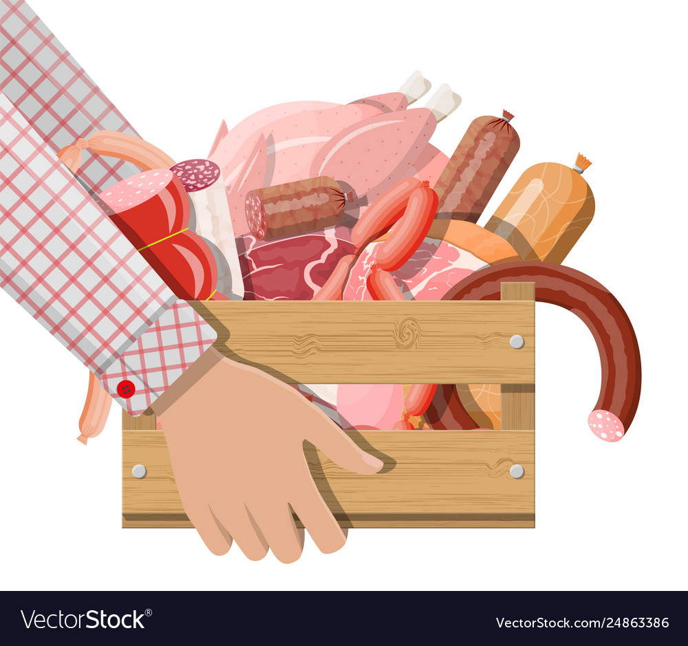 Wooden box full meat in hand delivery Royalty Free Vector